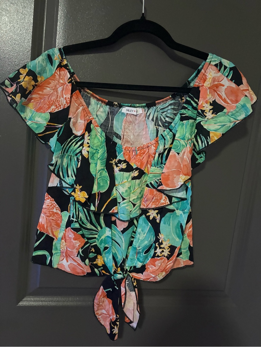 Miley Floral Tie-Front Ruffle Blouse — Black with Coral & Aqua